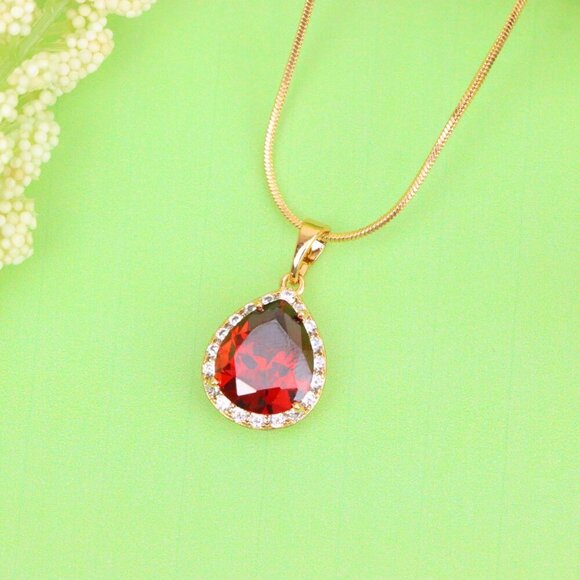 "Teardrop Red Pendant with Crystal Border in Elegant Rose Gold Setting, XPPT1618 - Picture 2 of 13